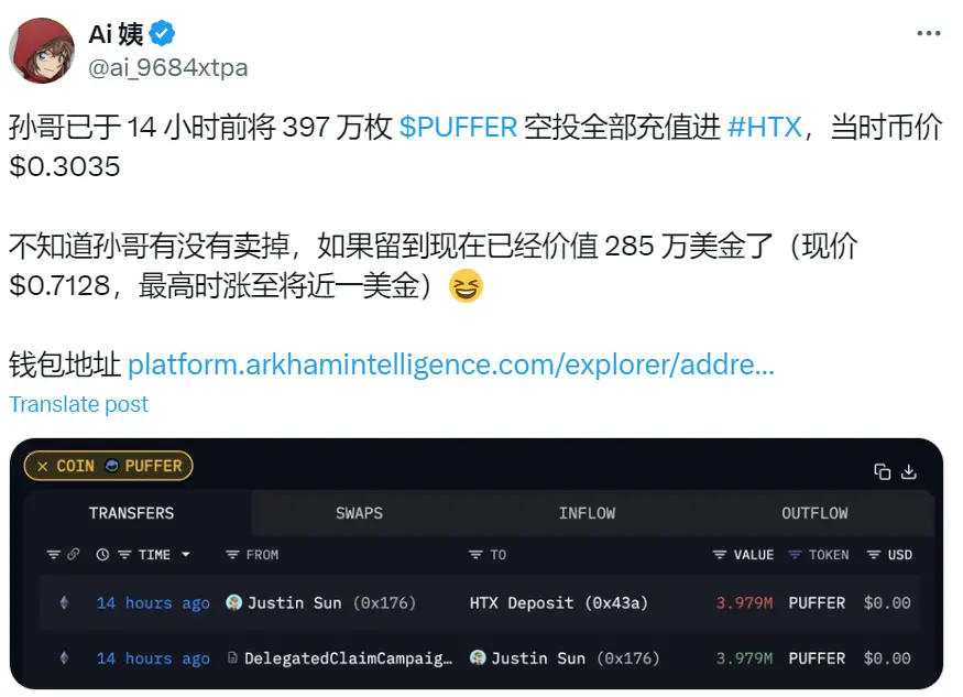 数据：孙宇晨 14 小时前将 397 万枚 PUFFER 空投全部存入 HTX，目前价值 285 万美元