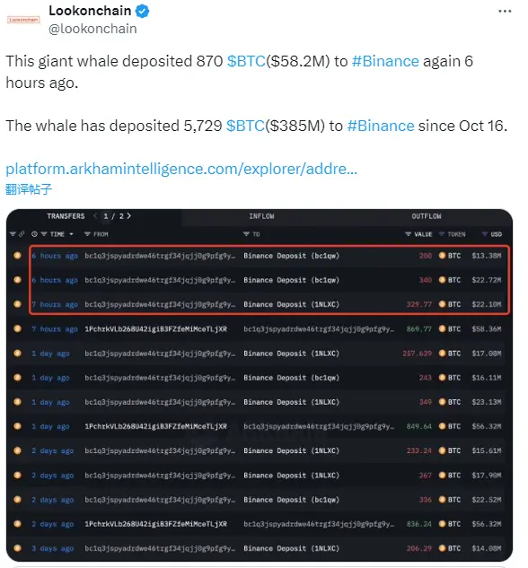 数据：某巨鲸六小时前将 870 枚 BTC 存入币安，价值 5820 万美元