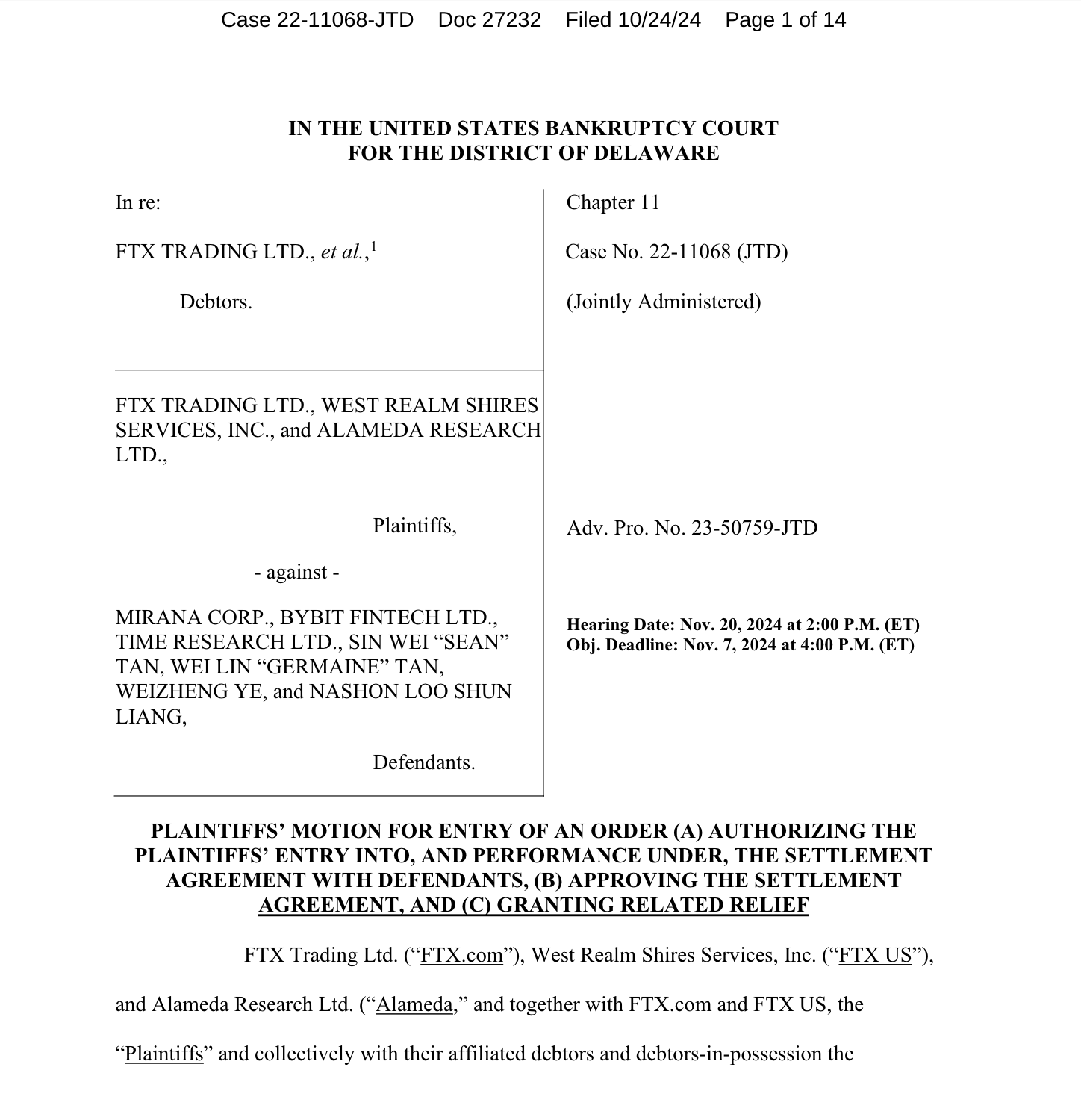 ​FTX 與 Bybit 達成 2.28 億美元和解協議， 仍待法院 11/20 批准