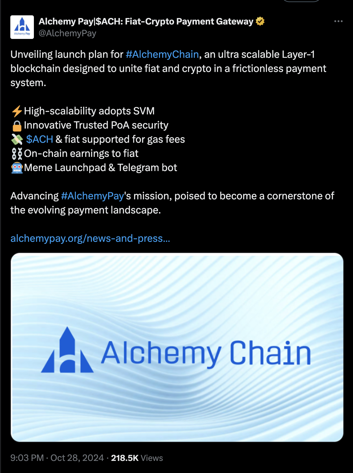 ​Alchemy Pay 推出 L1 Alchemy Chain：結合 SVM 並推行 ACH 支援法幣匯兌