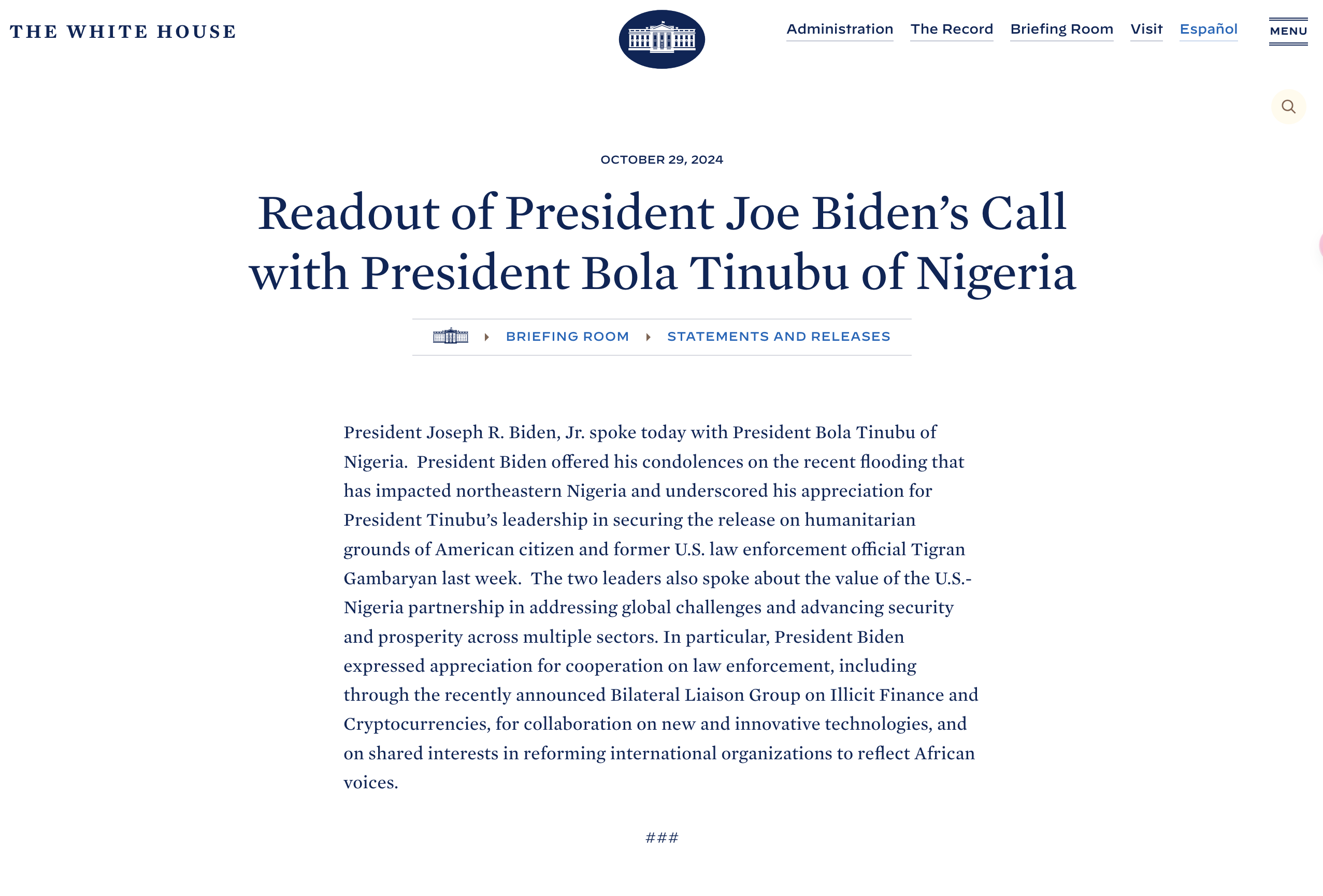 拜登致電奈及利亞總統釋放幣安高管,攜手成立「加密貨幣執法小組」