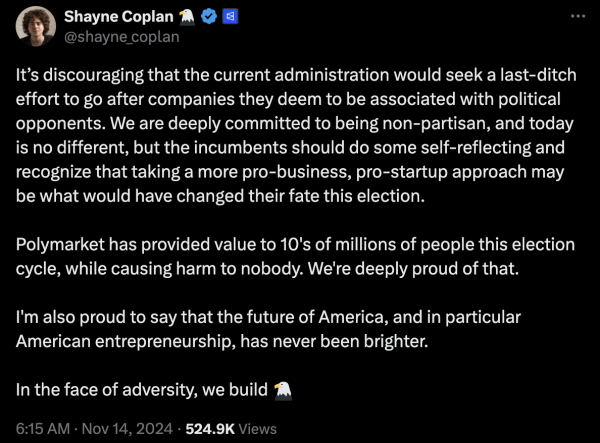 美國聯邦調查局突襲 Polymarket 執行長 Shayne Coplan 家中,遭疑是政治報復