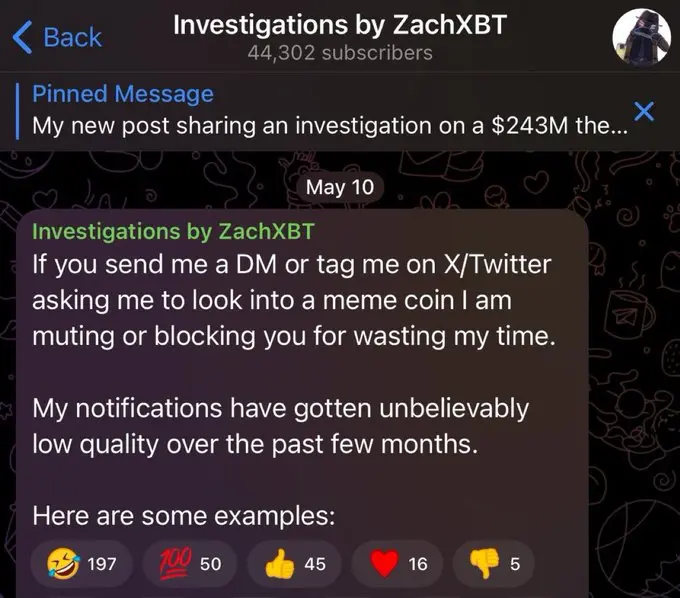 ZachXBT：不会帮助调查 Meme 币，Meme 玩家不值得帮助