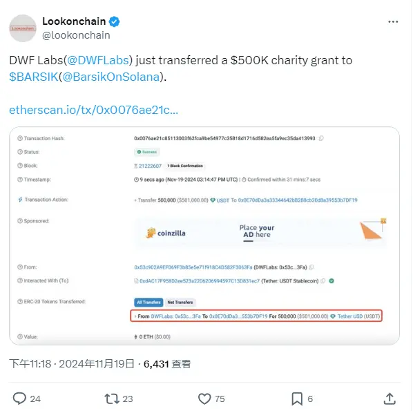 DWF Labs 向 BARSIK 转入 50 万美元的慈善捐款