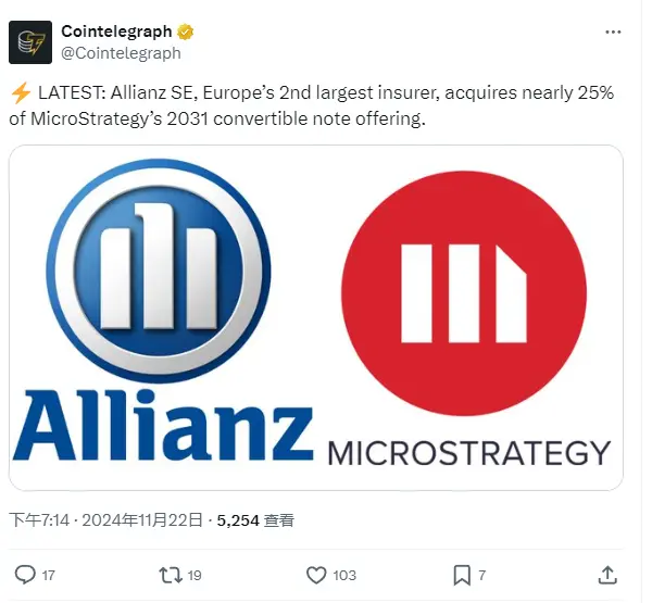 安联保险已收购 MicroStrategy 2031 年到期可转换票据近 25% 份额