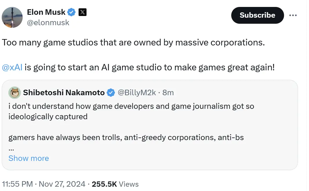 马斯克：xAI 即将启动一个 AI 游戏工作室