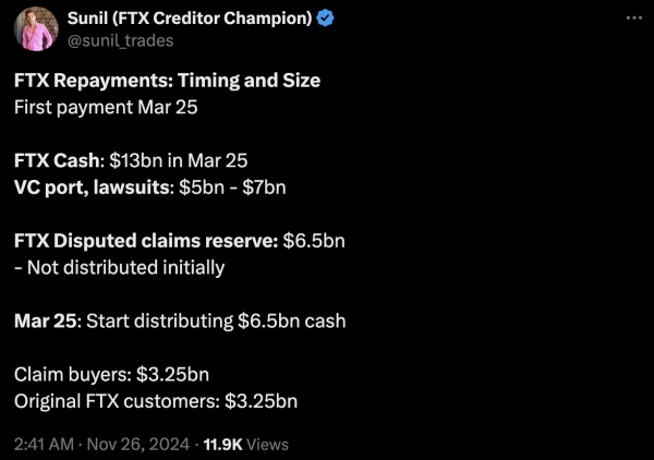FTX 債權人 Sunil:FTX 將於 2025 年 3/25 還款,已有半數債權轉賣