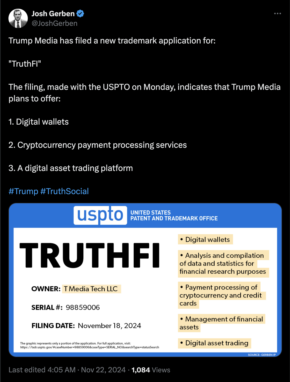 川普媒體進軍加密貨幣市場,註冊商標「TruthFi」包含數位錢包與加密支付服務