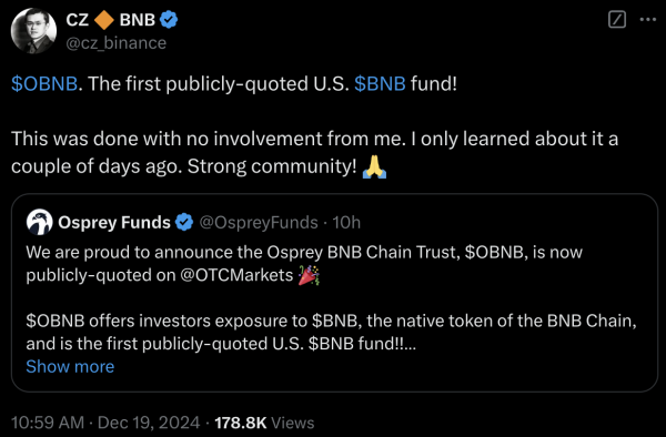 Osprey Funds 推出首支美國公開報價的 BNB 基金,CZ 讚好但否認參與