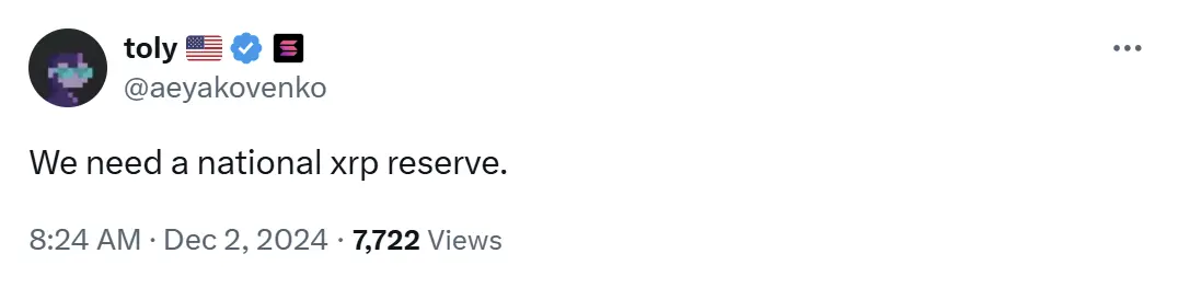 Solana 联创：我们需要国家 XRP 储备