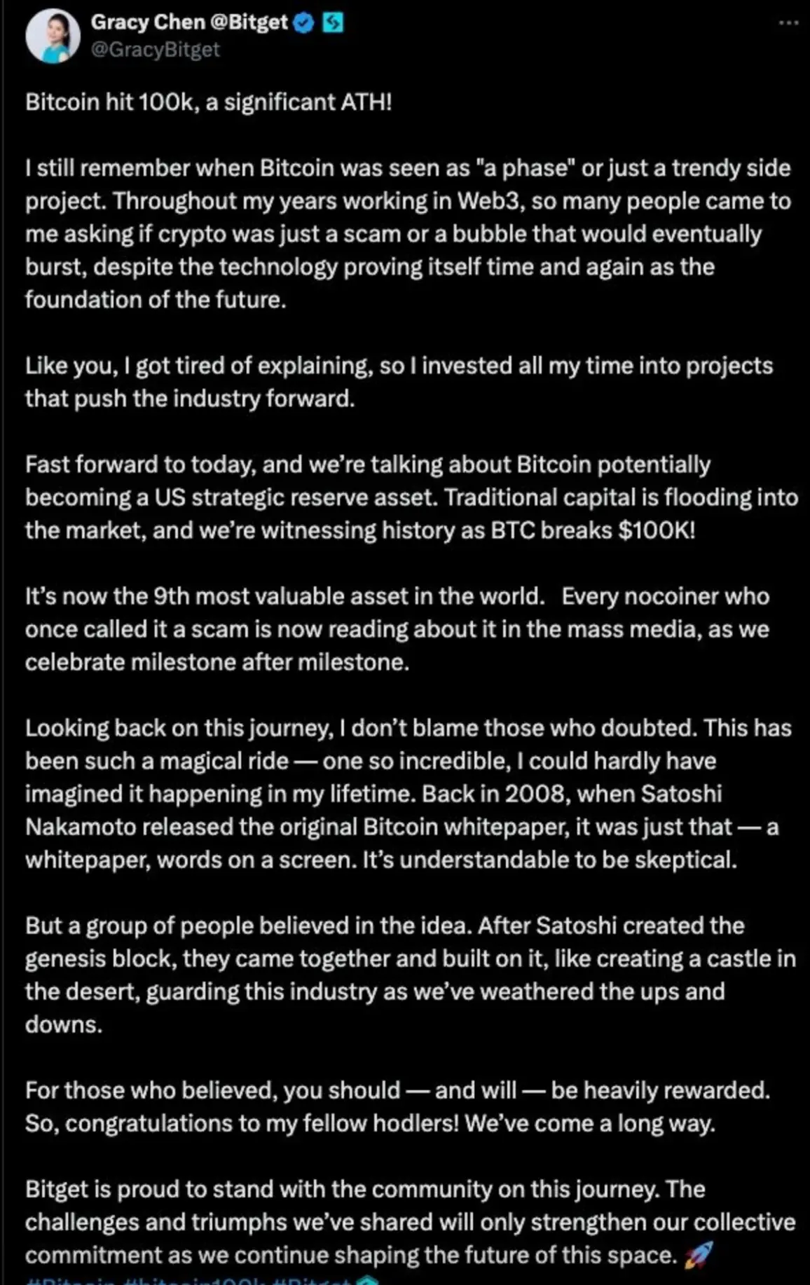 Bitget CEO：比特币破 10 万，质疑不会消失，但信仰终将收获回报