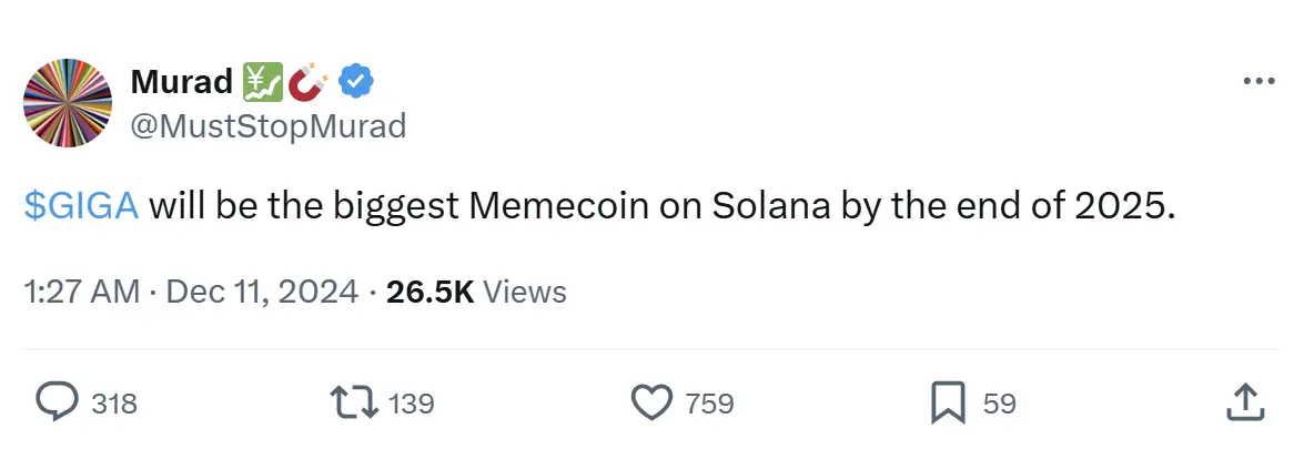 Murad：2025 年底 GIGA 将成为 Solana 上最大的 Memecoin