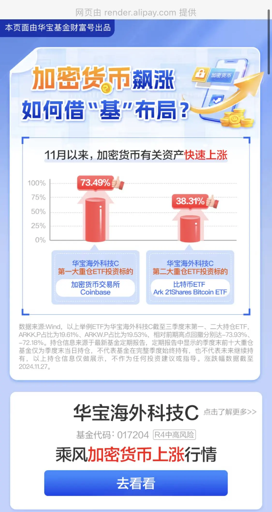 中国内地用户支付宝首页出现加密基金推广广告
