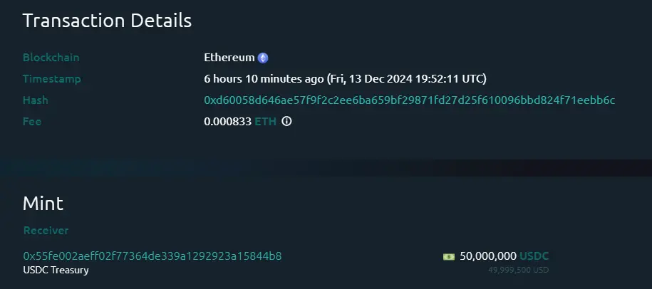 数据：USDC Treasury 在以太坊上铸造 5000 万枚 USDC
