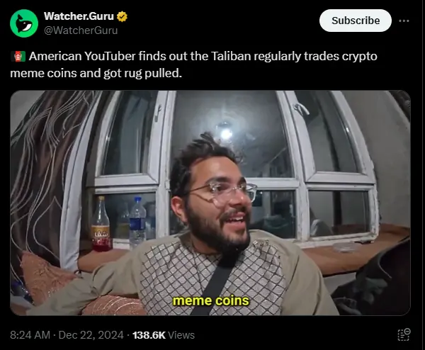 一美国 YouTube 博主发现塔利班时常交易 Meme 币且遭到 rug pull