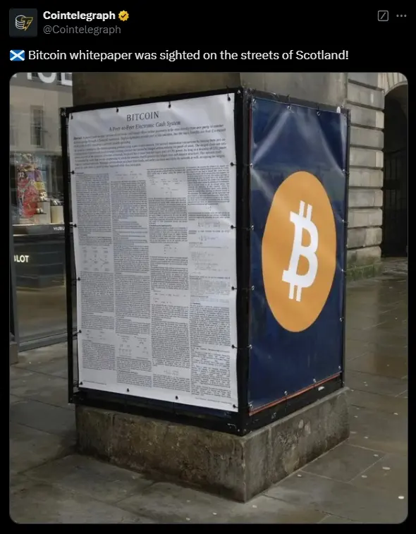 苏格兰街头出现比特币白皮书宣传材料