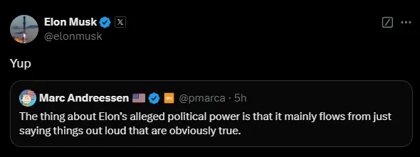 a16z 联创：马斯克所谓的政治权力主要来自其勇于道出事实