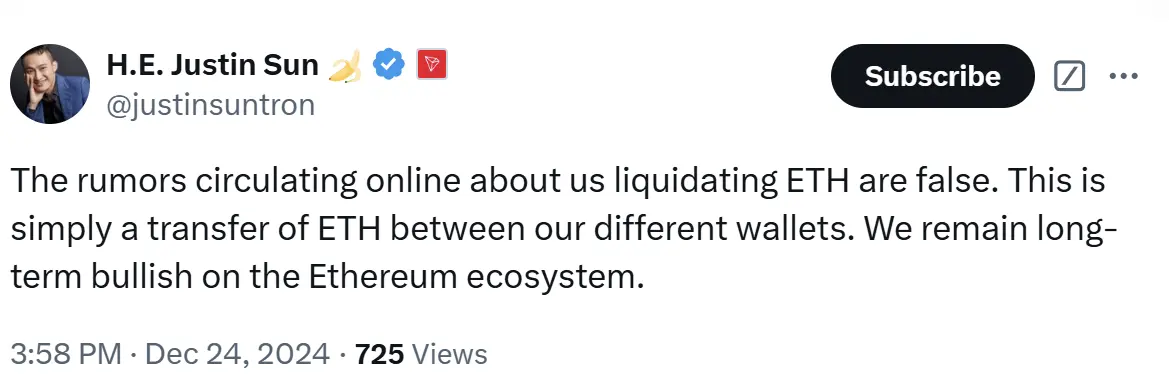 孙宇晨：网上流传我们清算 ETH 的谣言是假的，这只是不同钱包间 ETH 的转移