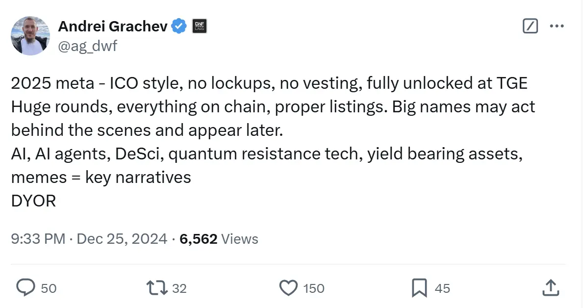 DWF Labs 联创:AI、DeSci、抗量子、meme 等将是 2025 年关键叙事