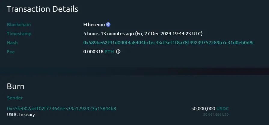 数据：USDC Treasury 于 5 小时前在以太坊链上销毁 5000 万枚 USDC