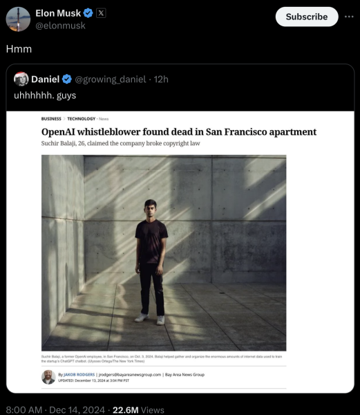 ​前 OpenAI  26 歲研究員與吹哨者被發現身亡，馬斯克表示關切