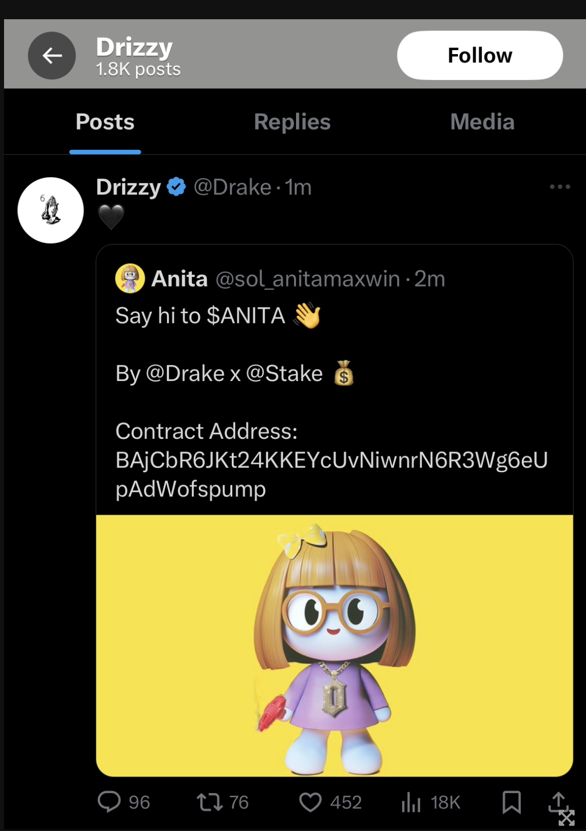 加拿大饒舌歌手 Drake 推特被駭入推廣虛假迷因幣 $ANITA,交易量一度飆至 500 萬鎂