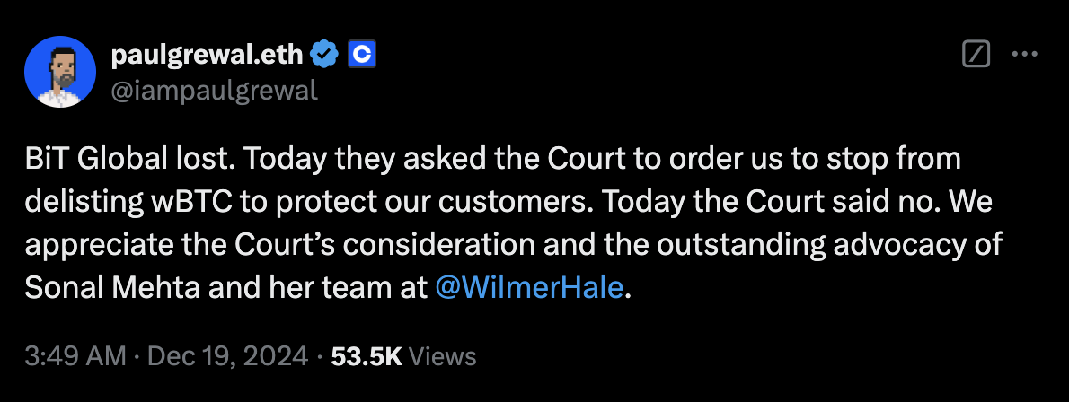 ​美國聯邦法院支持 Coinbase 下架 WBTC！BiT Global 禁令申請遭駁回，Coinbase 法務：感謝法院