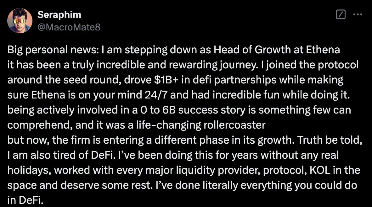 ​Ethena Labs 重大人事變動！成長部門主管 Czecker 宣布離職：已厭倦 DeFi 行業