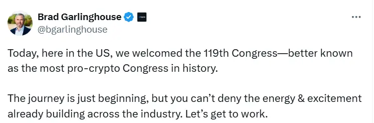 Ripple CEO：美国第 119 届国会将是史上最支持加密货币的国会