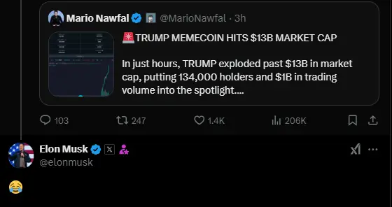 马斯克以“笑哭”表情回应 TRUMP FDV 达 130 亿美元