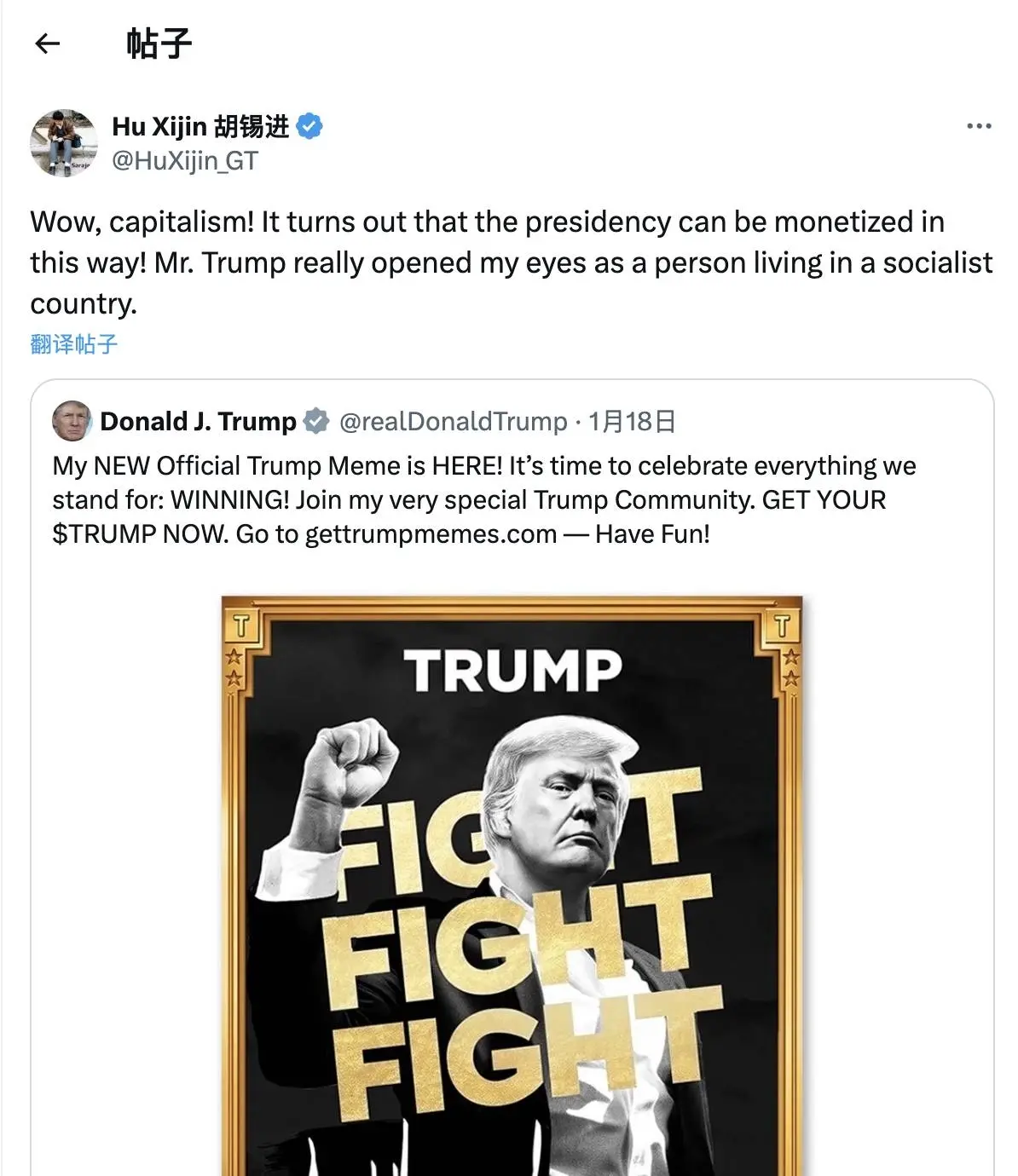 胡锡进评论特朗普发币：原来总统职位可以这样货币化