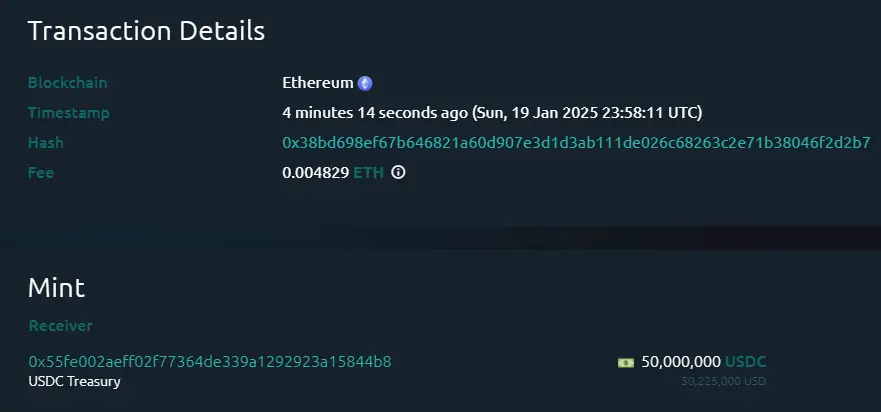 数据：USDC Treasury 再度增发 5000 万枚 USDC，单日增发 2 亿枚