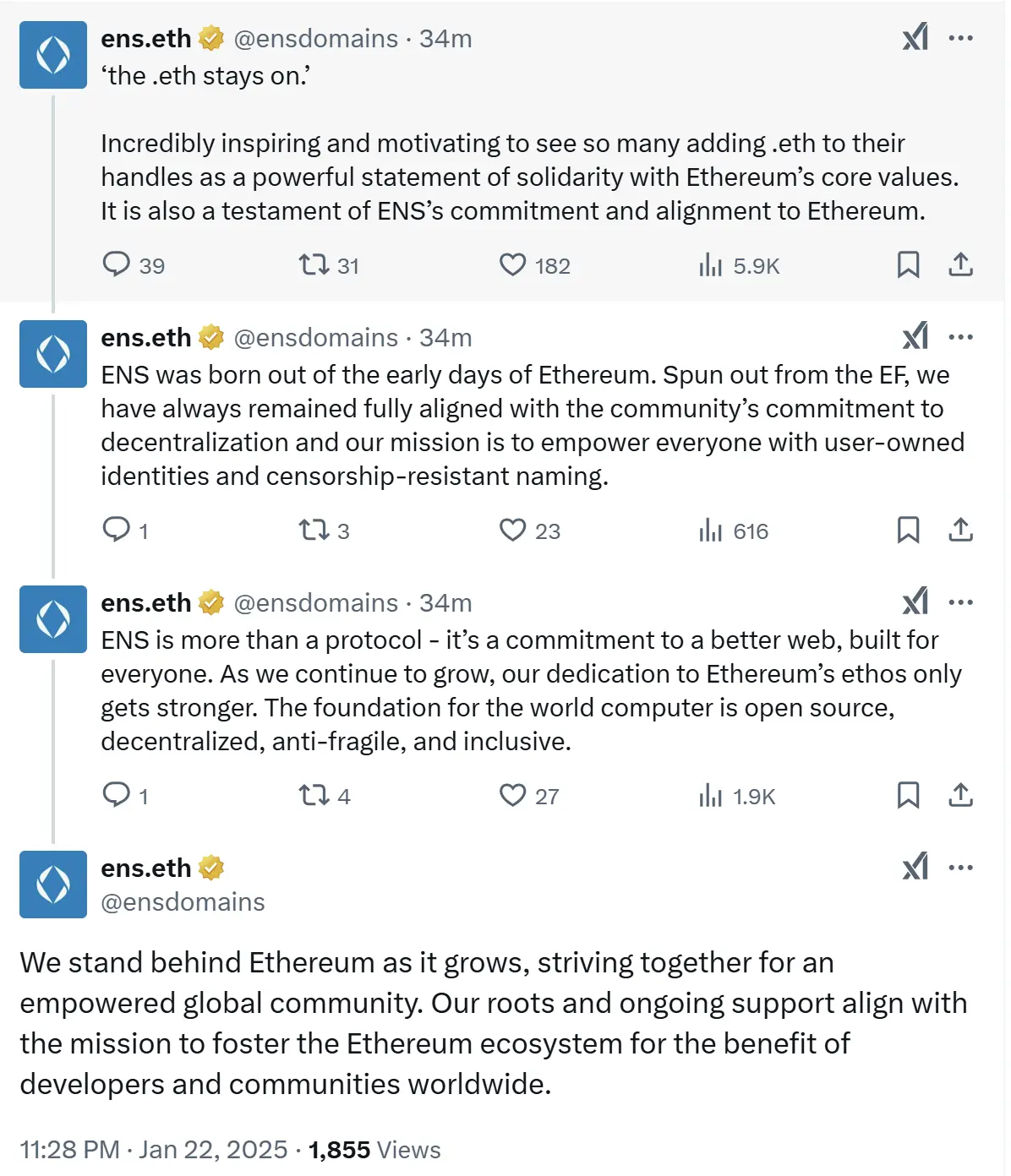 ENS 发文支持以太坊核心价值观，称始终与以太坊社区的去中心化精神保持一致