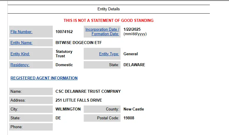 Bitwise 向美国特拉华州申请注册狗狗币相关 ETF