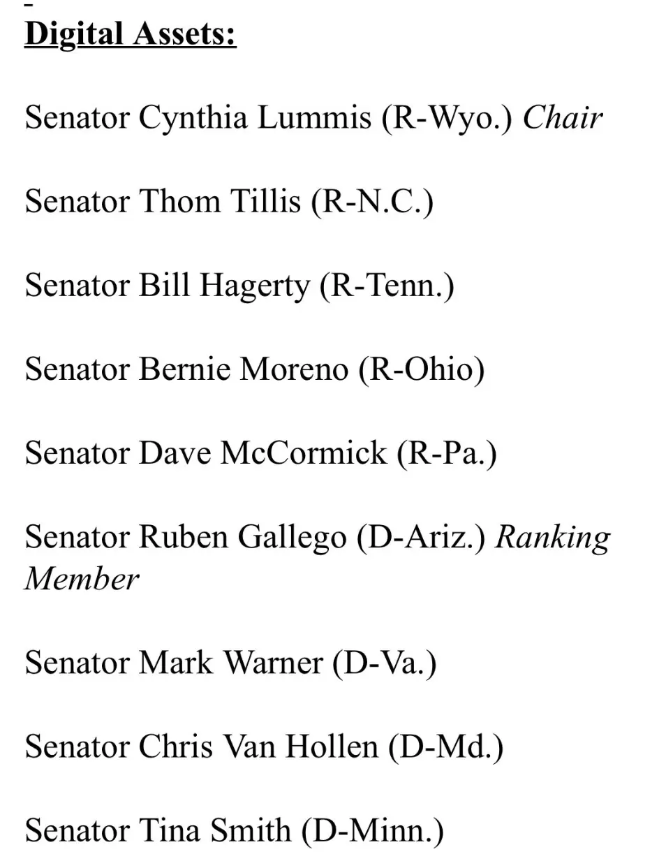 Fox 记者披露参议院数字资产小组成员名单