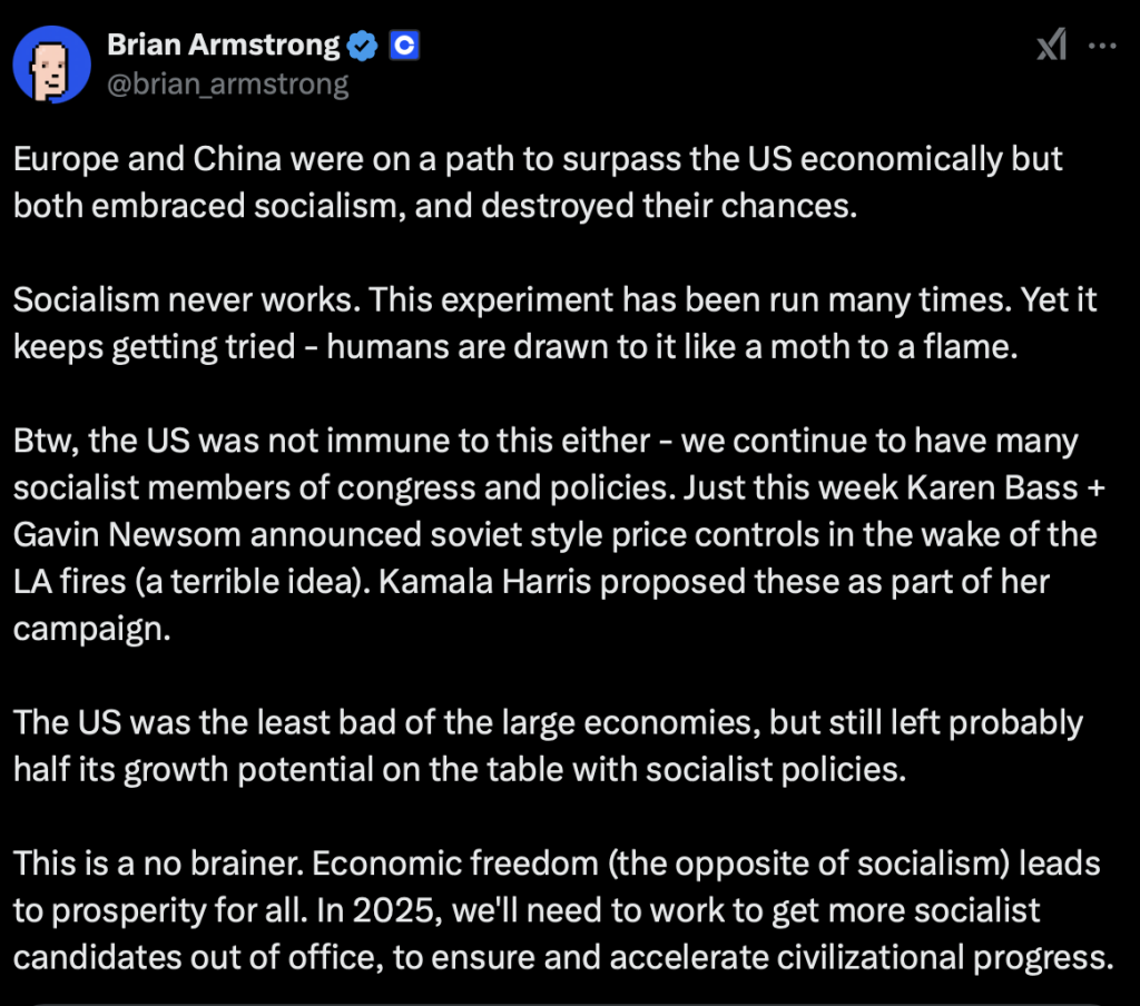 Coinbase 創辦人阿姆斯壯擁抱右派聲明:社會主義實驗永遠失敗、只有自由經濟才能繁榮