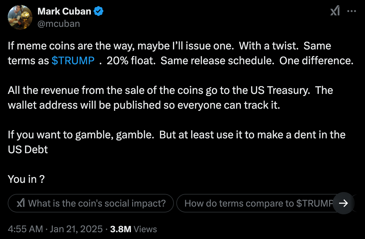 ​怒批川普發幣營造加密投機環境，Mark Cuban：還是我來發幣做公益？