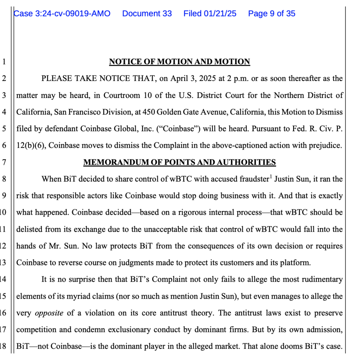 ​ＷBTC 下架爭議升溫！Coinbase 再度要求美國法院駁回 BiT Global 訴訟申請