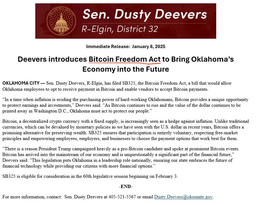 ​美奧克拉荷馬州參議員提《比特幣自由法案》：將BTC帶入工資與日常支付