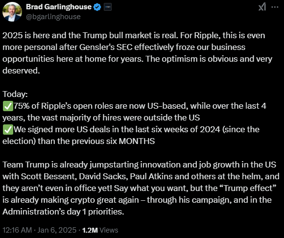 ​川普效應持續發酵！Ripple執行長稱75%職缺都在美國：川普牛市已成定局
