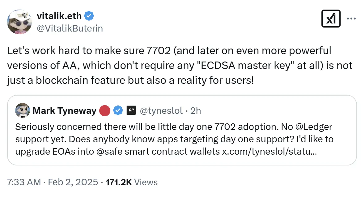 Vitalik：将努力确保“抽象账户”不只是一项区块链功能，而是用户的现实