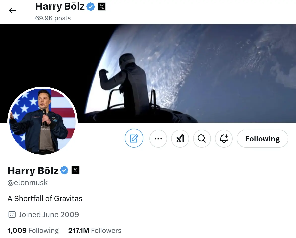 马斯克将其 X 账号昵称改为 Harry Bōlz