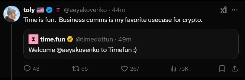 MEME ：Solana 联创 toly 回复 time.fun 推文
