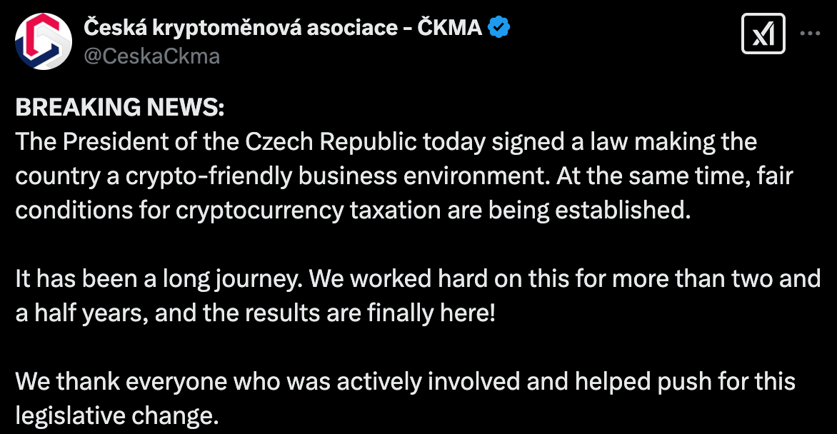 捷克擁抱加密資產:取消長期加密貨幣收益稅、央行考慮納入比特幣儲備