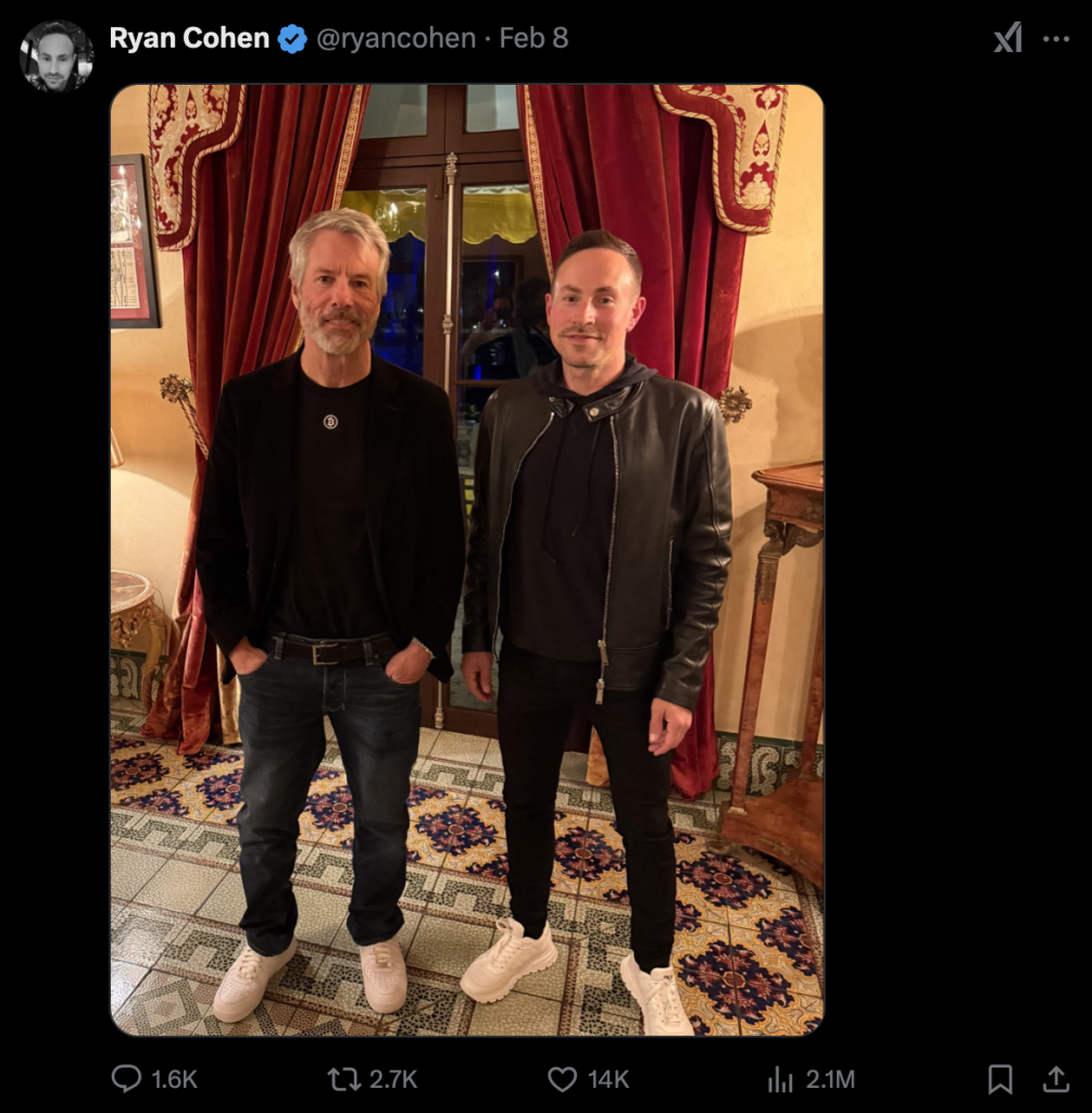 ​GameStop 執行長發布一張 Saylor 合照，美股 GME 股票就漲 7 %