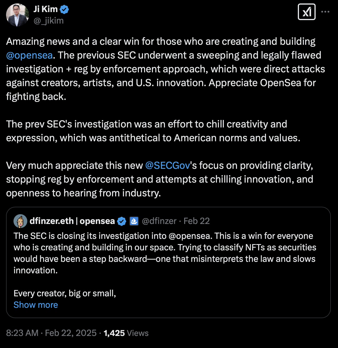 SEC 撤回對 OpenSea 調查與 Coinbase 訴訟,業界:有望成下一波牛市催化劑