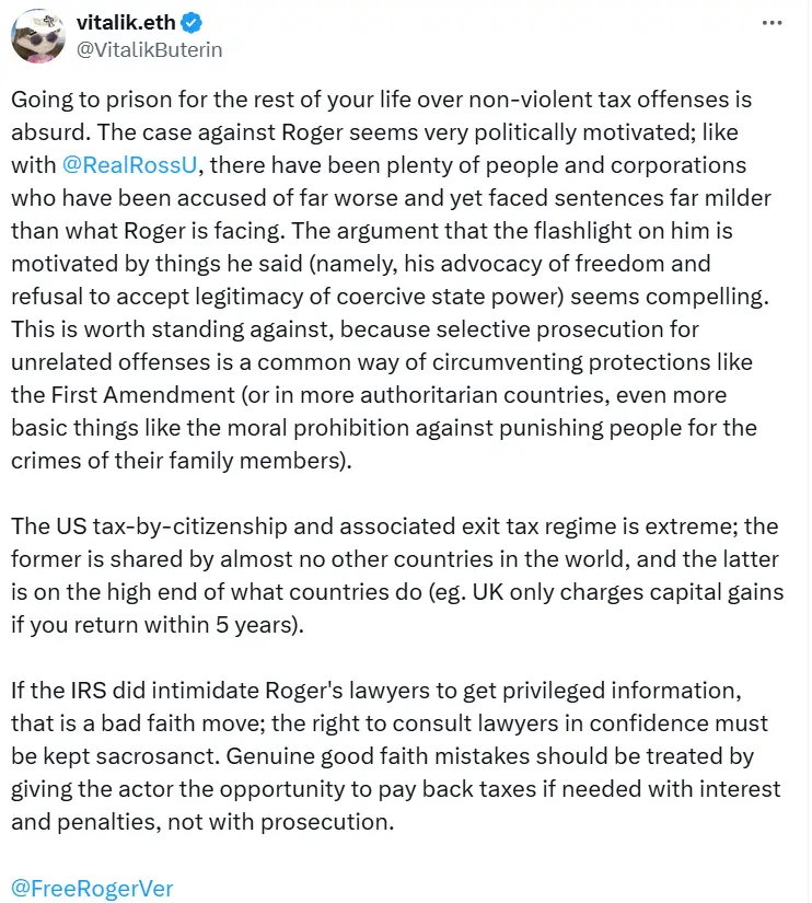 Vitalik：Roger Ver 因税务犯罪而被判终身监禁很荒谬