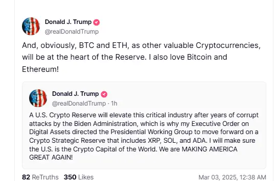 特朗普：BTC 和 ETH 也将成为储备核心