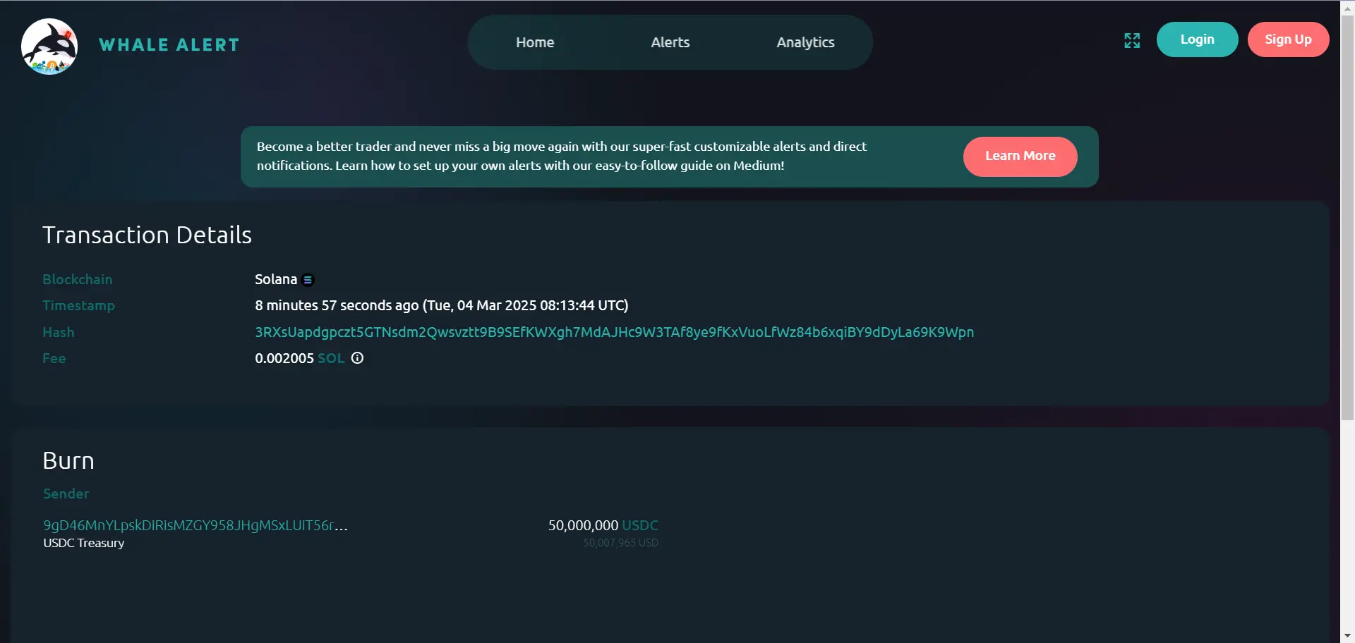 数据：USDC Treasury 于 Solana 链上销毁 5000 万枚 USDC