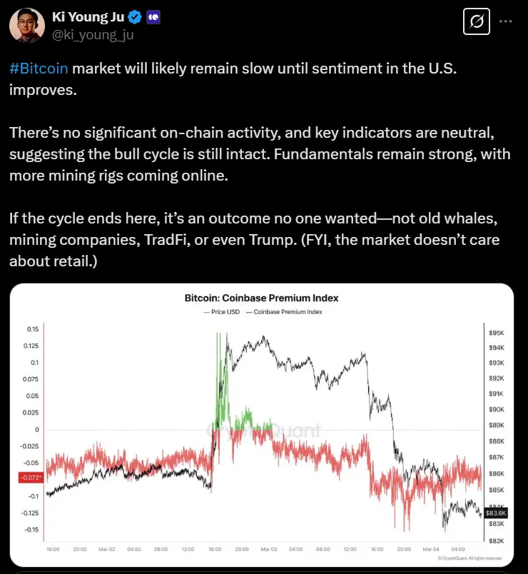 CryptoQuant CEO：美国市场情绪改善前比特币或持续低迷，牛市周期仍完好